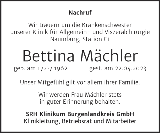 Traueranzeige von Bettina Mächler von Naumburger Tageblatt