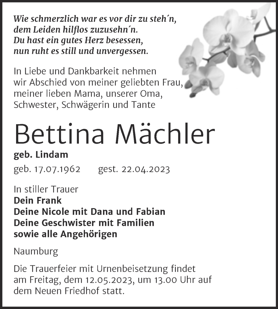  Traueranzeige für Bettina Mächler vom 03.05.2023 aus Naumburger Tageblatt