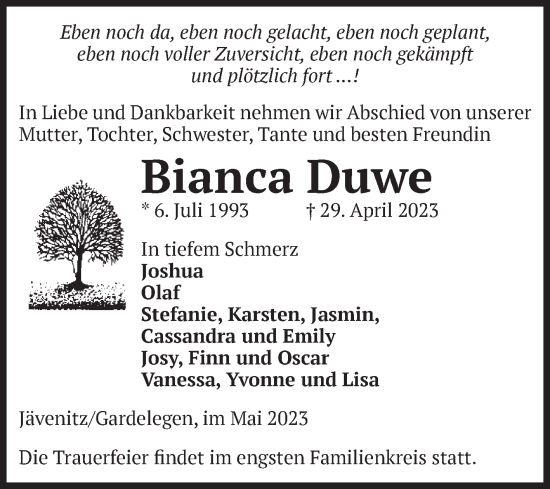 Traueranzeige von Bianca Duwe von Volksstimme Altmark West