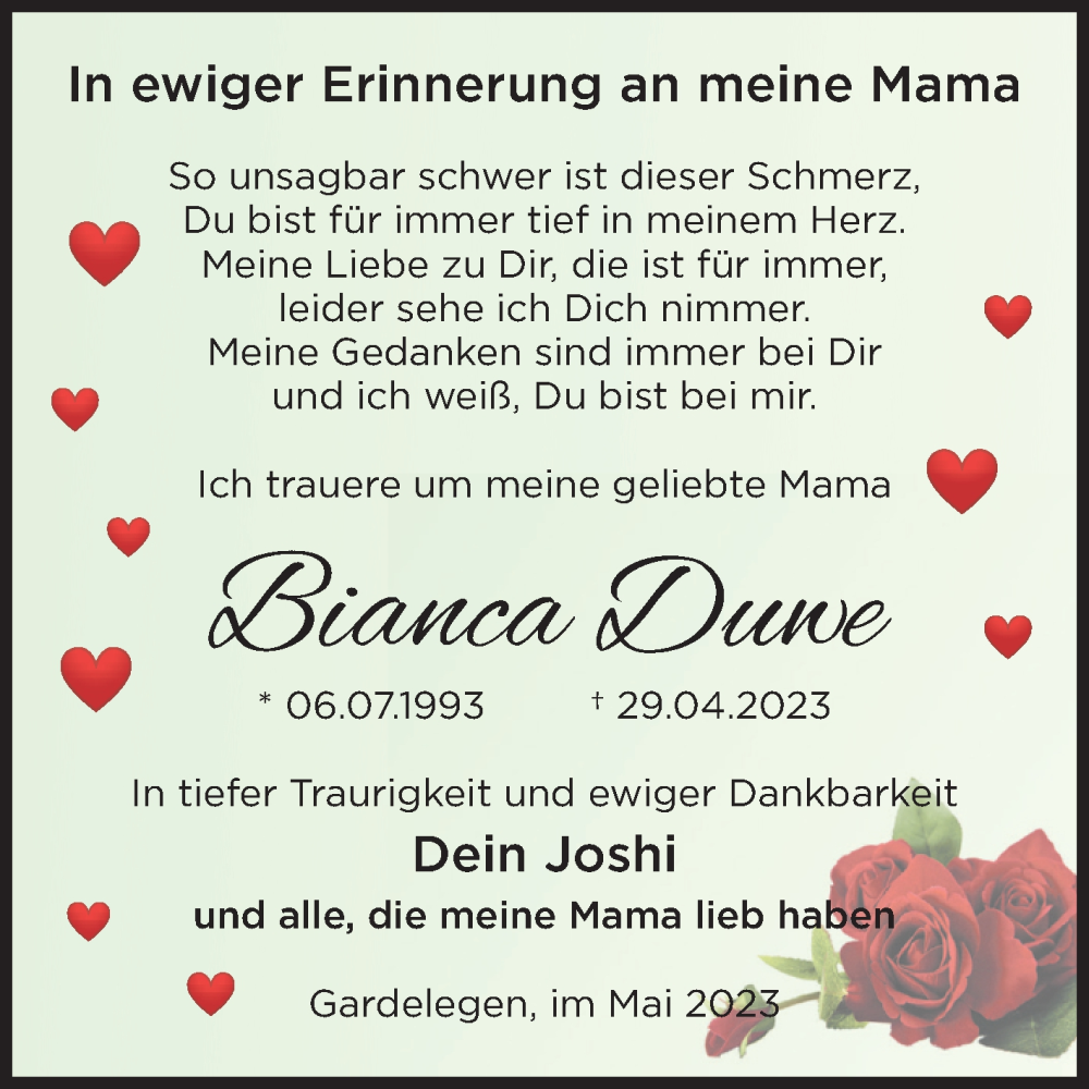  Traueranzeige für Bianca Duwe vom 12.05.2023 aus Volksstimme Altmark West