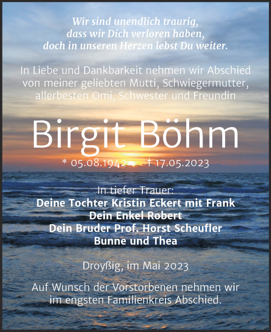 Traueranzeige von Birgit Böhm von Trauerkombi Zeitz