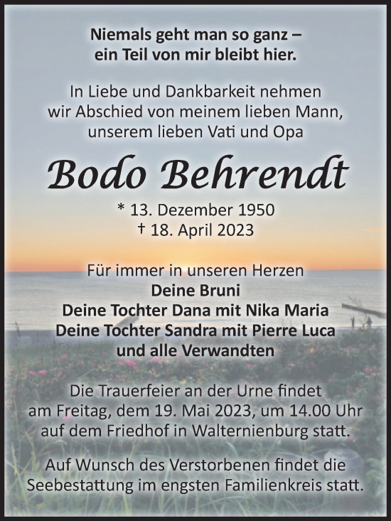 Traueranzeige von Bodo Behrendt von Volksstimme Zerbst