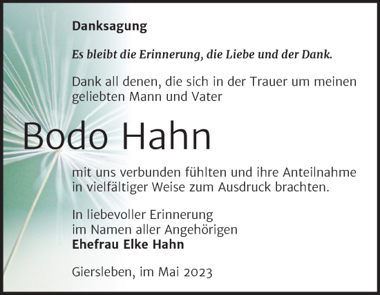 Traueranzeige von Bodo Hahn von Trauerkombi Aschersleben