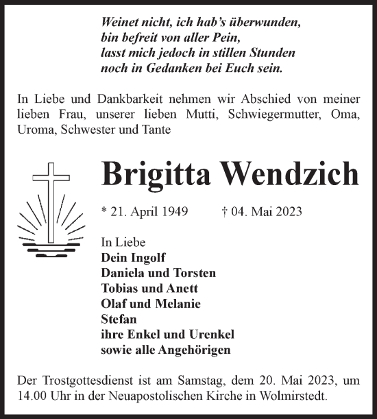 Traueranzeige von Brigitta Wendzich von Volksstimme Haldensleben/Wolmirstedt