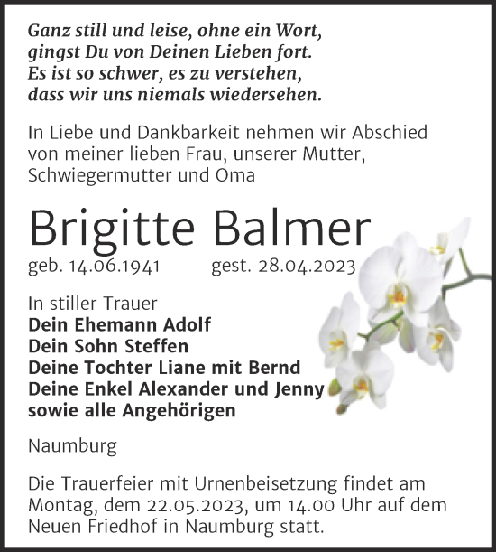 Traueranzeige von Brigitte Balmer von Wochenspiegel Naumburg/Nebra