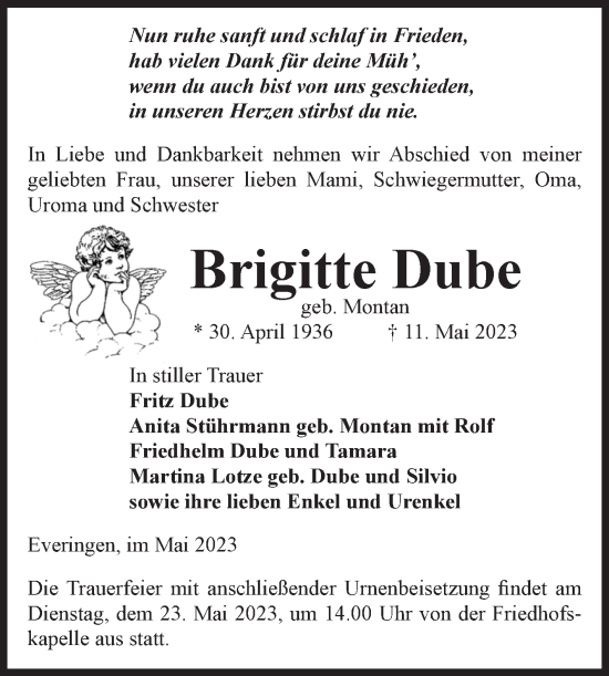 Traueranzeige von Brigitte Dube von Volksstimme Haldensleben/Wolmirstedt