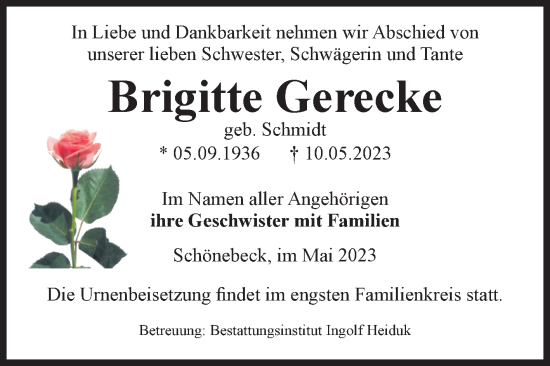 Traueranzeige von Brigitte Gerecke von Volksstimme Schönebeck