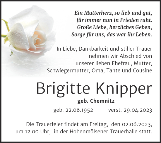 Traueranzeige von Brigitte Knipper von Trauerkombi Weißenfels