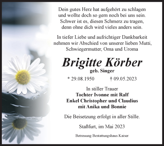 Traueranzeige von Brigitte Körber von Volksstimme Staßfurt
