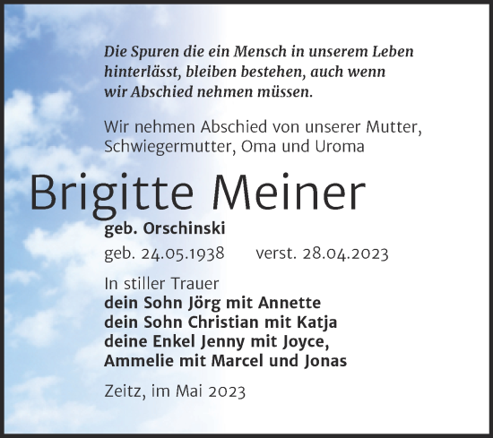 Traueranzeige von Brigitte Meiner von Trauerkombi Zeitz