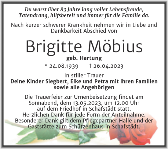 Traueranzeige von Brigitte Möbius von Trauerkombi Merseburg
