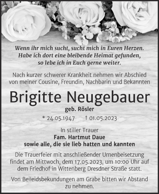 Traueranzeige von Brigitte Neugebauer von Trauerkombi Wittenberg
