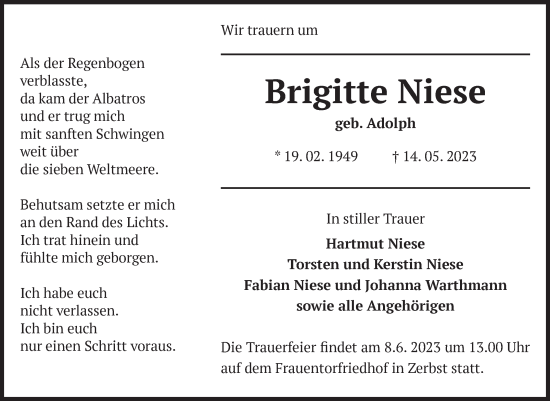 Traueranzeige von Brigitte Niese von Volksstimme Zerbst