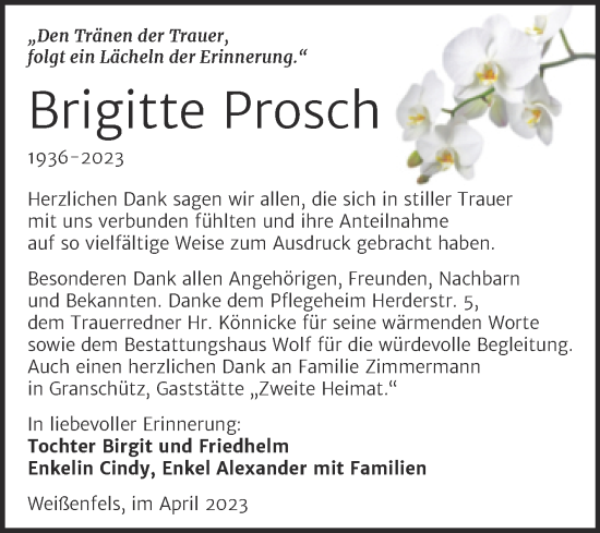Traueranzeige von Brigitte Prosch von Trauerkombi Weißenfels
