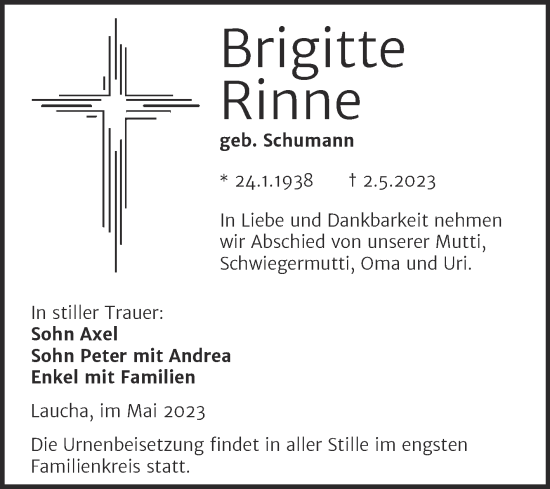 Traueranzeige von Brigitte Rinne von Naumburger Tageblatt