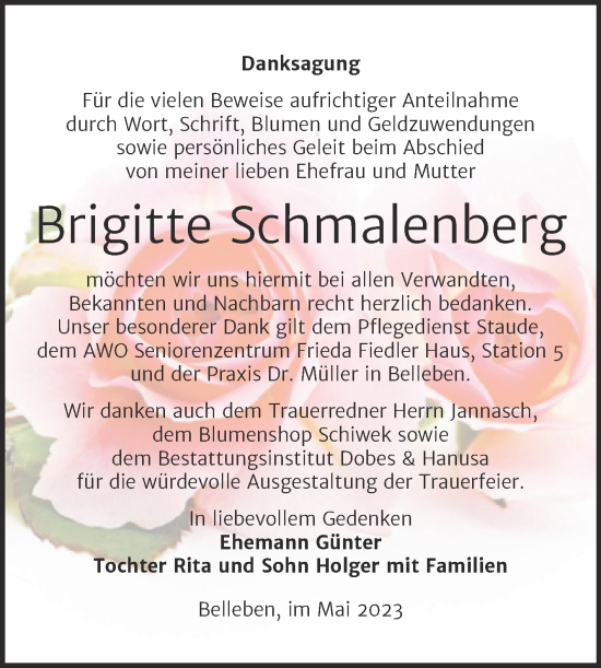Traueranzeige von Brigitte Schmalenberg von Trauerkombi Bernburg