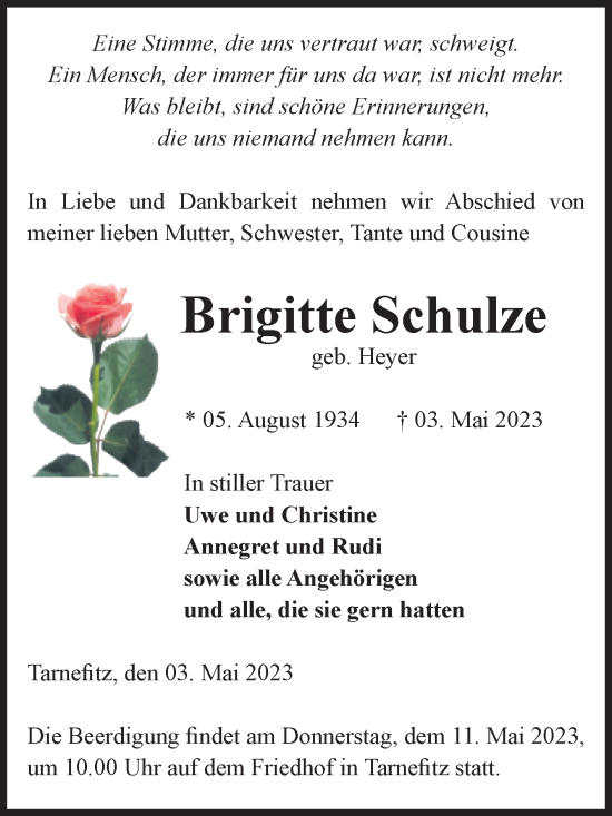 Traueranzeige von Brigitte Schulze von Volksstimme Altmark West