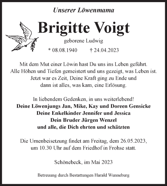 Traueranzeige von Brigitte Voigt von Volksstimme Schönebeck