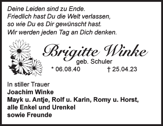 Traueranzeige von Brigitte Winke von Volksstimme Burg/Genthin