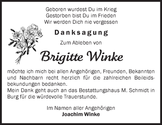 Traueranzeige von Brigitte Winke von Volksstimme Burg/Genthin