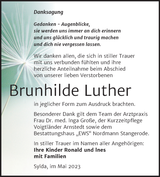 Traueranzeige von Brunhilde Luther von Trauerkombi Mansfelder Land