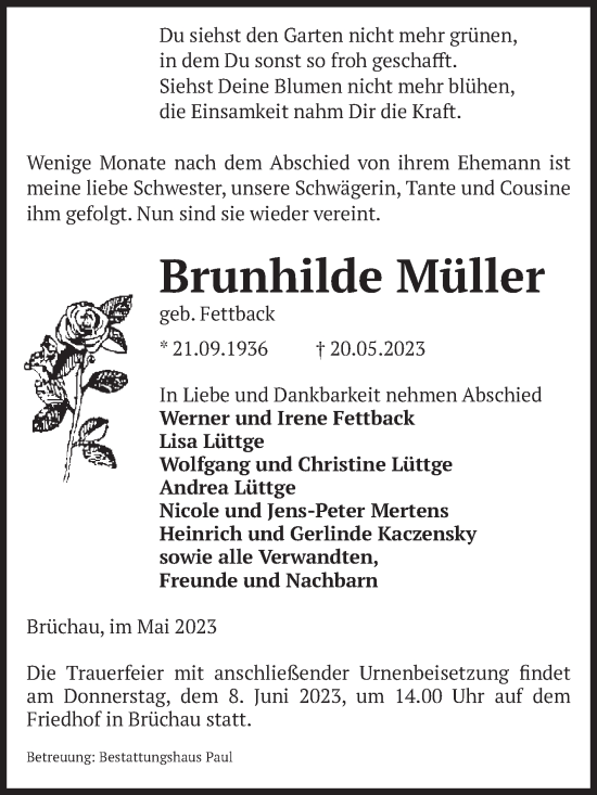 Traueranzeige von Brunhilde Müller von Volksstimme Altmark West