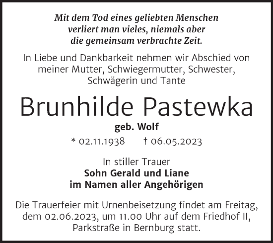 Traueranzeige von Brunhilde Pastewka von Trauerkombi Bernburg