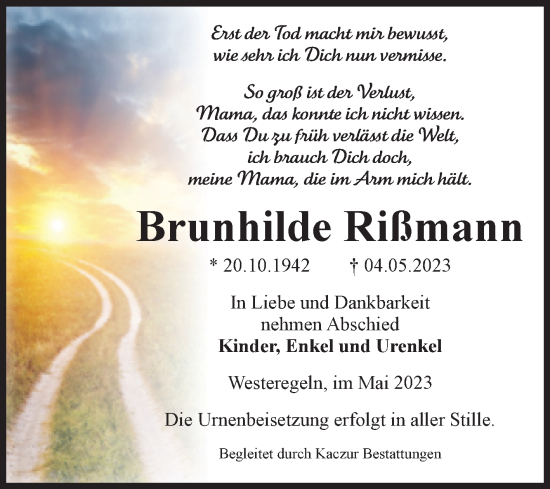 Traueranzeige von Brunhilde Rißmann von Volksstimme Staßfurt