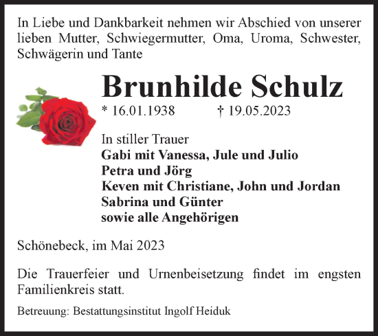 Traueranzeige von Brunhilde Schulz von Volksstimme Schönebeck
