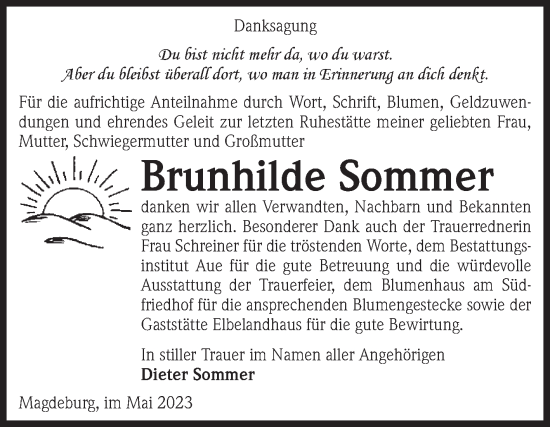 Traueranzeige von Brunhilde Sommer von Volksstimme Magdeburg