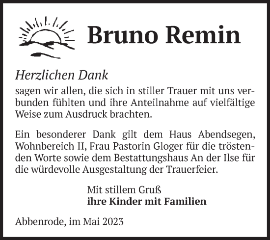 Traueranzeige von Bruno Remin von Volksstimme Wernigerode