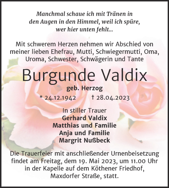 Traueranzeige von Burgunde Valdix von Trauerkombi Köthen