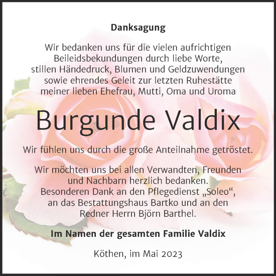 Traueranzeige von Burgunde Valdix von Trauerkombi Köthen