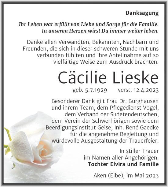 Traueranzeige von Cäcilie Lieske von Trauerkombi Köthen