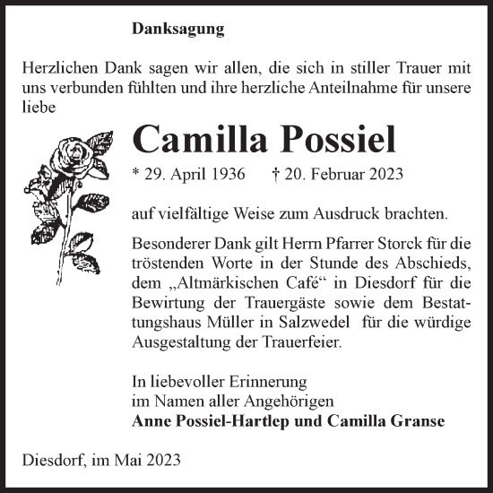 Traueranzeige von Camilla Possiel von Volksstimme Altmark West