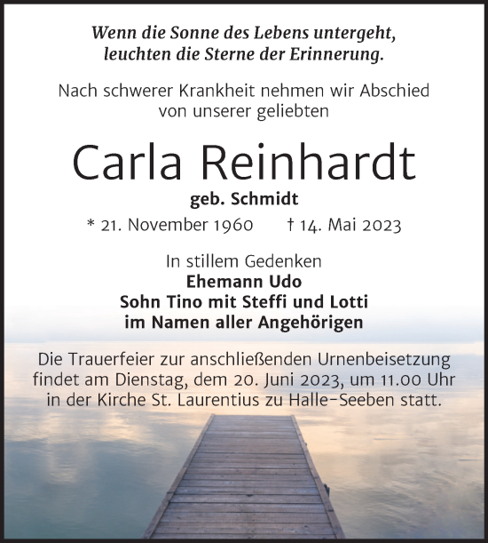 Traueranzeige von Carla Reinhardt von Mitteldeutsche Zeitung Halle/Saalkreis