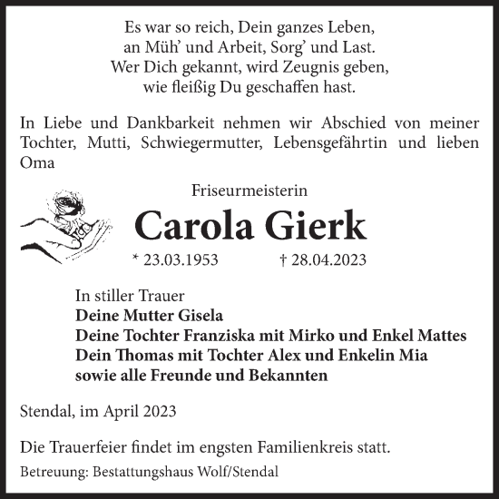 Traueranzeige von Carola Gierk von Volksstimme Altmark Ost