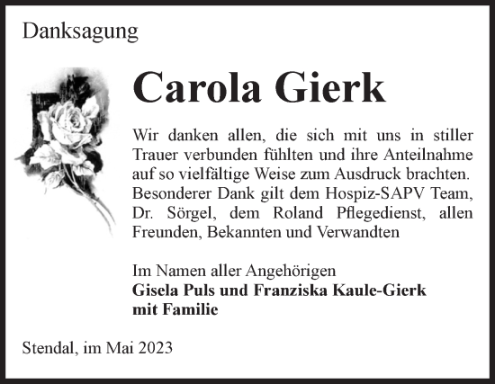 Traueranzeige von Carola Gierk von Volksstimme Altmark Ost