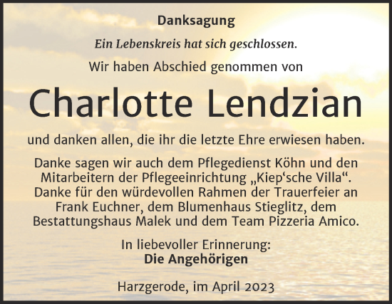 Traueranzeige von Charlotte Lendzian von Trauerkombi Quedlinburg