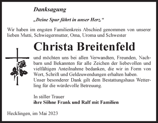 Traueranzeige von Christa Breitenfeld von Volksstimme Staßfurt