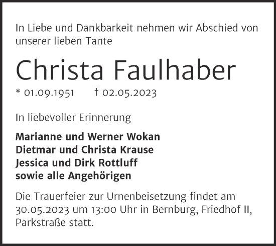 Traueranzeige von Christa Faulhaber von Trauerkombi Bernburg
