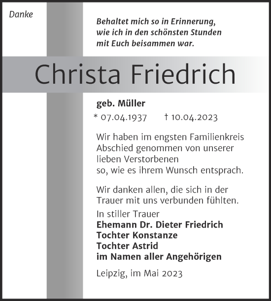 Traueranzeige von Christa Friedrich von Trauerkombi Dessau