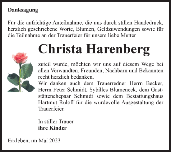 Traueranzeige von Christa Harenberg von Volksstimme Haldensleben/Wolmirstedt