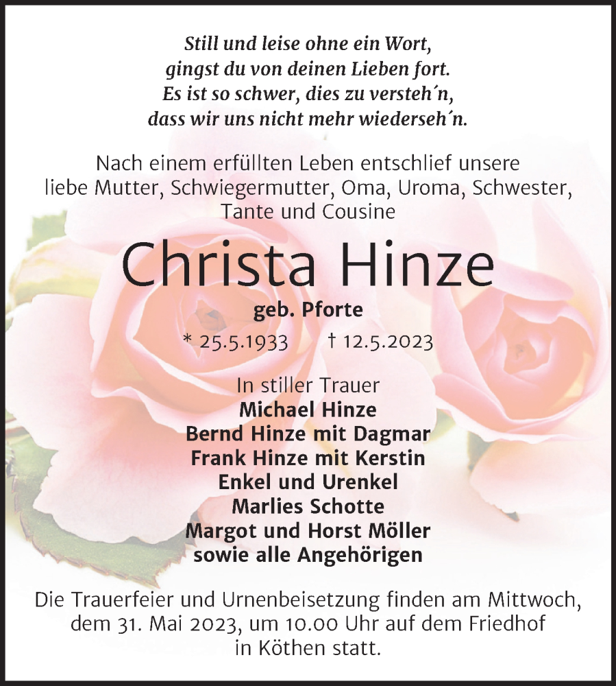  Traueranzeige für Christa Hinze vom 20.05.2023 aus Trauerkombi Köthen