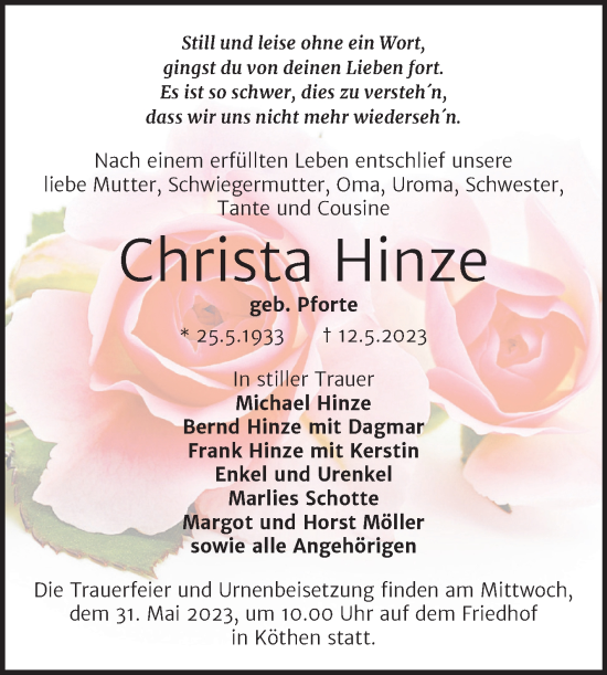 Traueranzeige von Christa Hinze von Trauerkombi Köthen