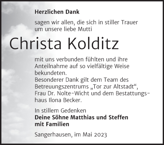 Traueranzeige von Christa Kolditz von Trauerkombi Sangerhausen