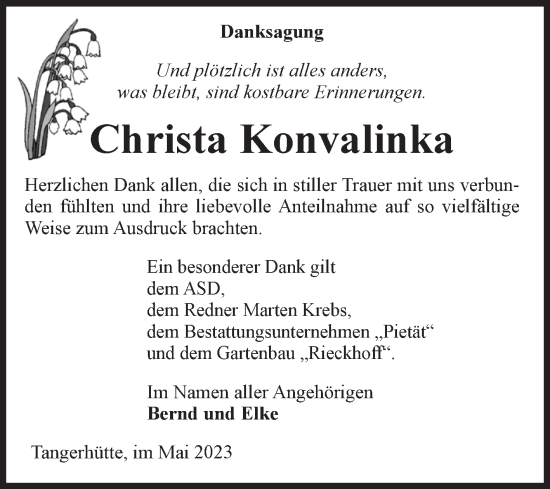 Traueranzeige von Christa Konvalinka von Volksstimme Altmark Ost