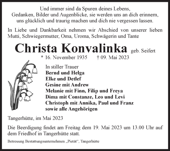 Traueranzeige von Christa Konvalinka von Volksstimme Altmark Ost