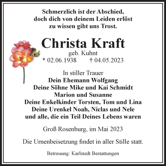 Traueranzeige von Christa Kraft von Volksstimme Schönebeck