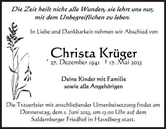 Traueranzeige von Christa Krüger von Volksstimme Altmark Ost